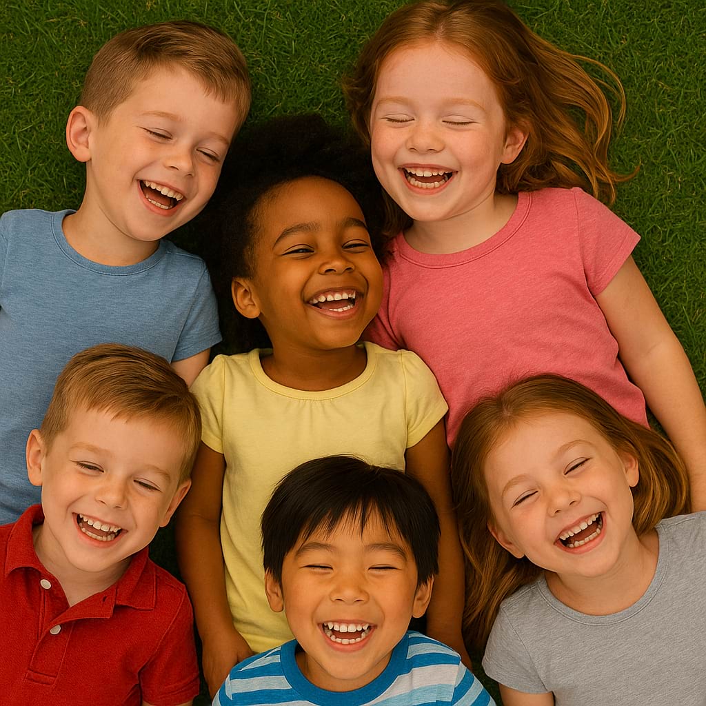 Kids lying in the grass laughing