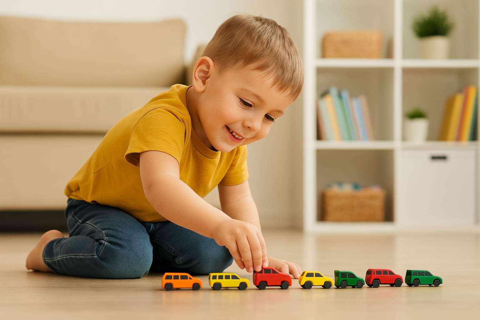 Child playing with cars by sticking them in a line