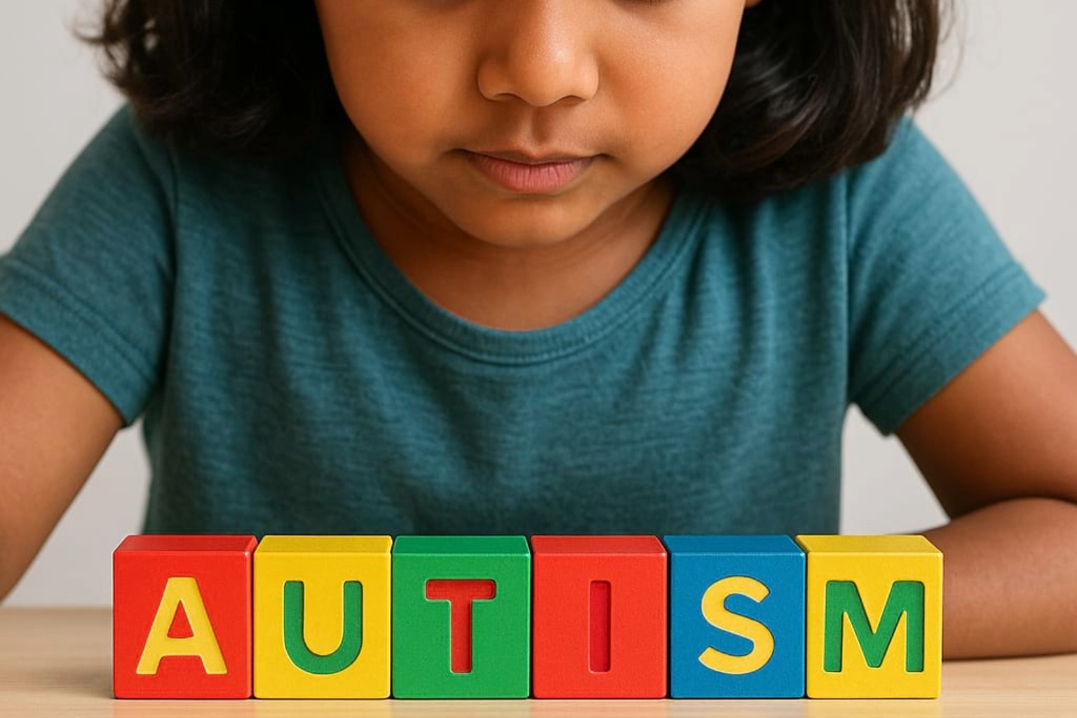Child sitting in front of colored wooden blocks that spell out AUTISM