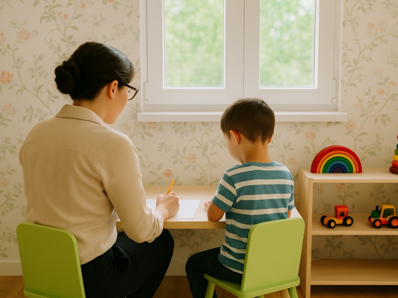 Teacher sitting with boy