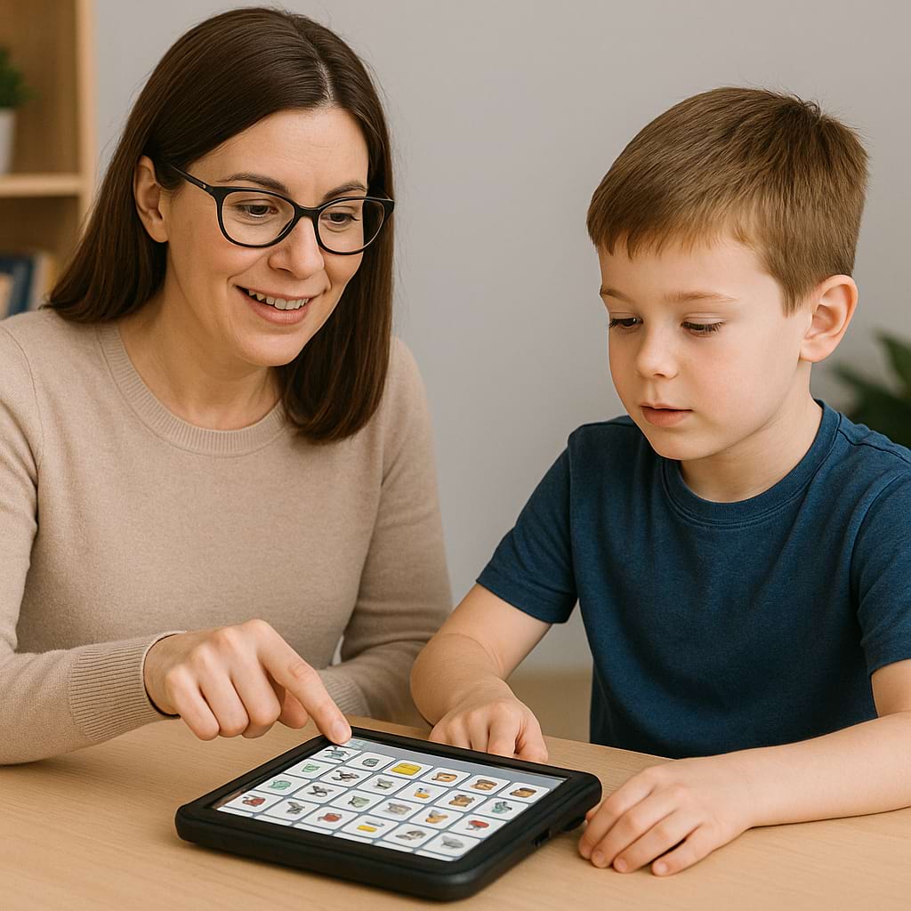 Therapist and client looking at AAC device