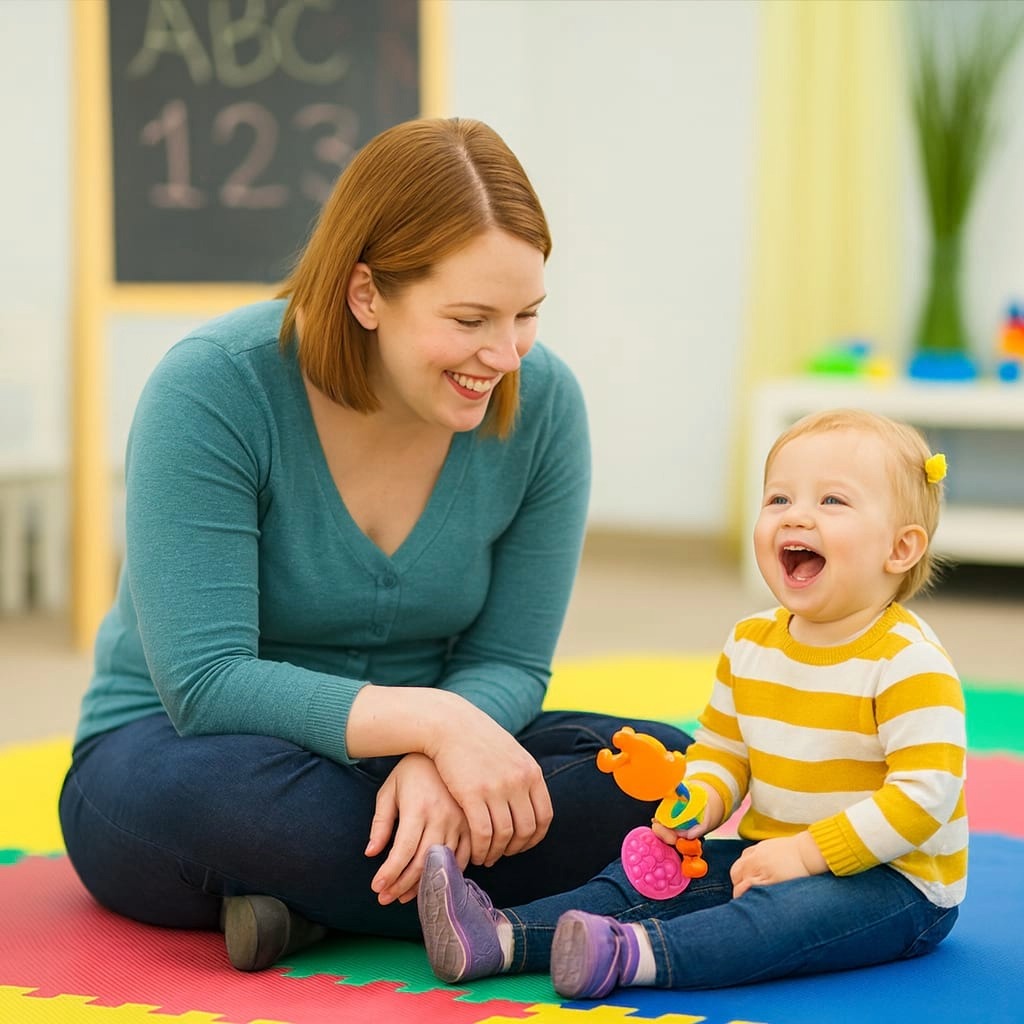 Therapist and client sitting on floor on mat