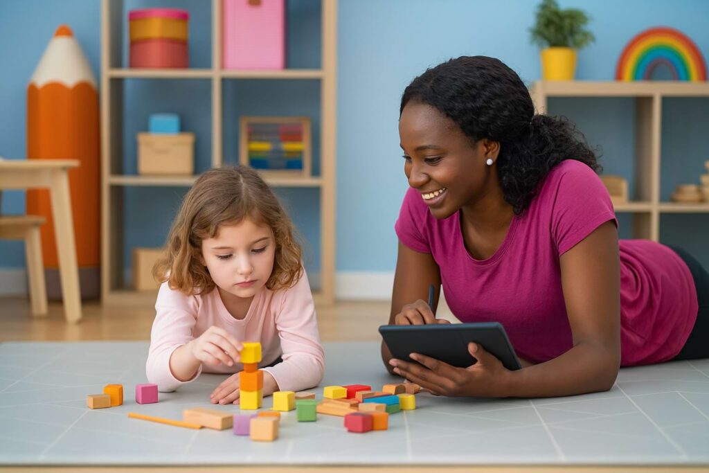 Therapist and girl laying on floor with blocks