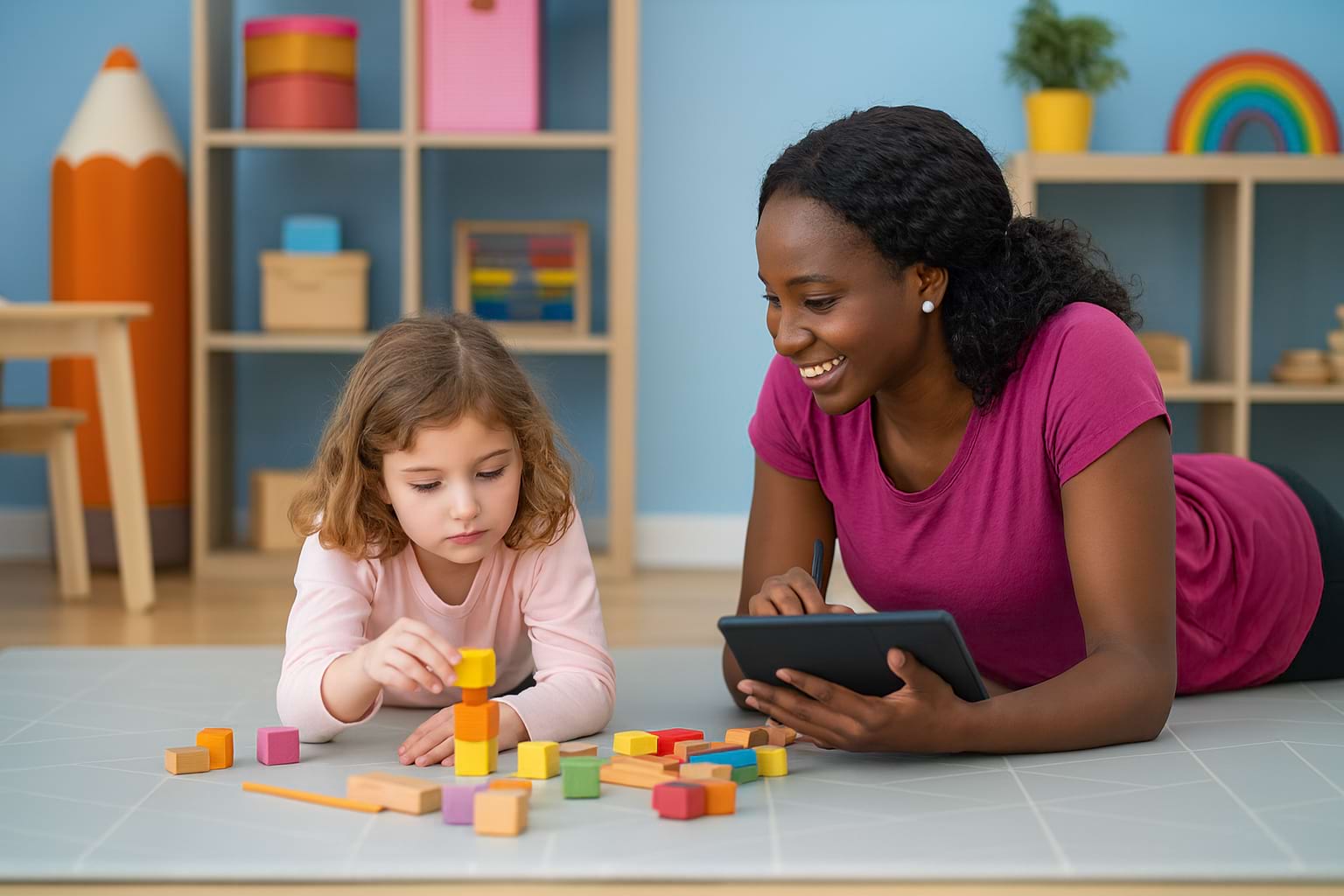 Therapist and girl laying on floor with blocks