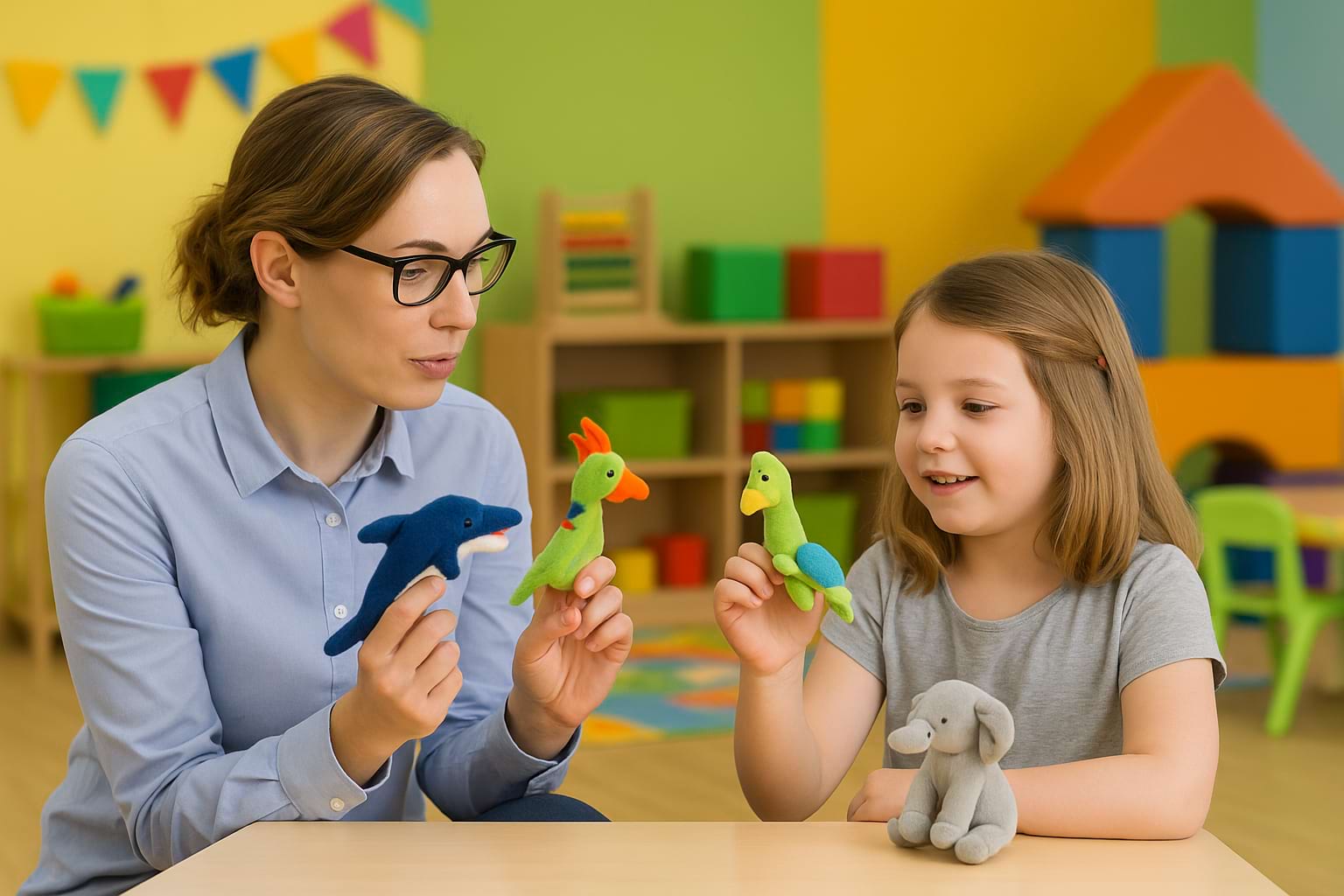 Therapist and little girl playing with animals