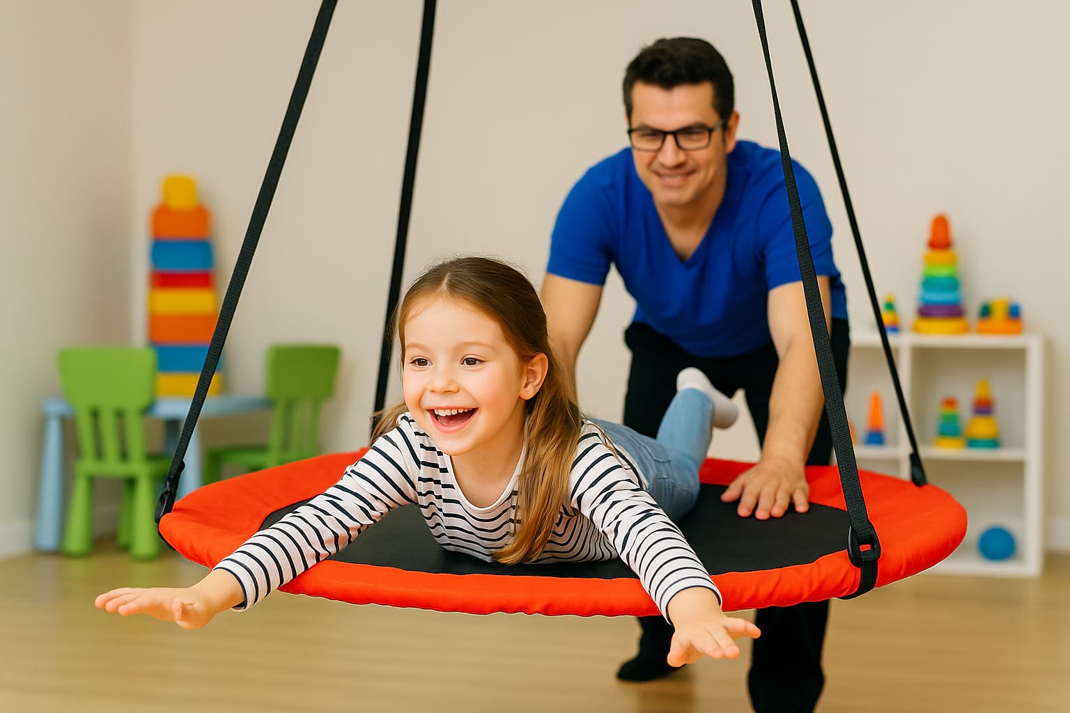 Therapist pushing child on swing