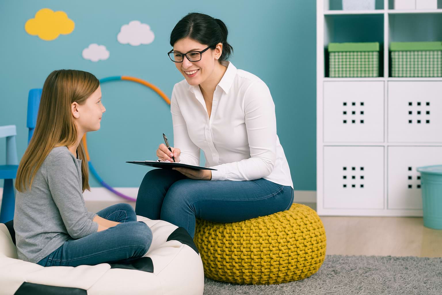 Therapist sitting on beanbag with girl